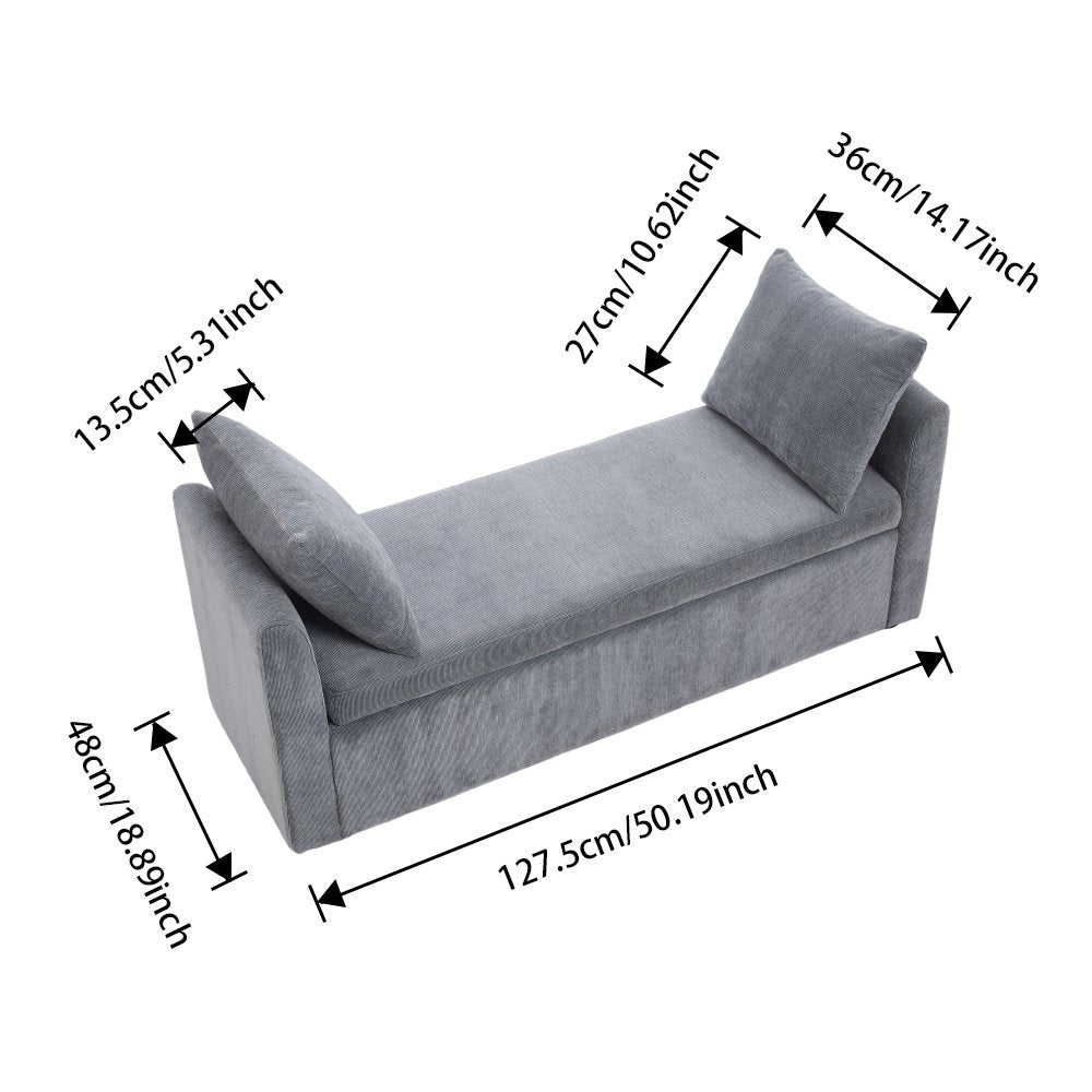 Grey Upholstered Storage Bench with 2 Pillows