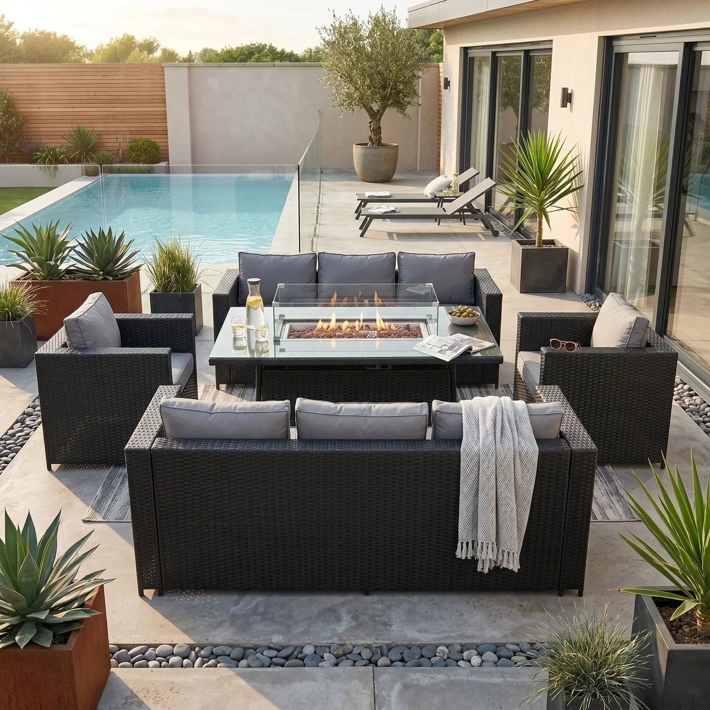 8 Seater Rattan Furniture Set With Firepit – Black
