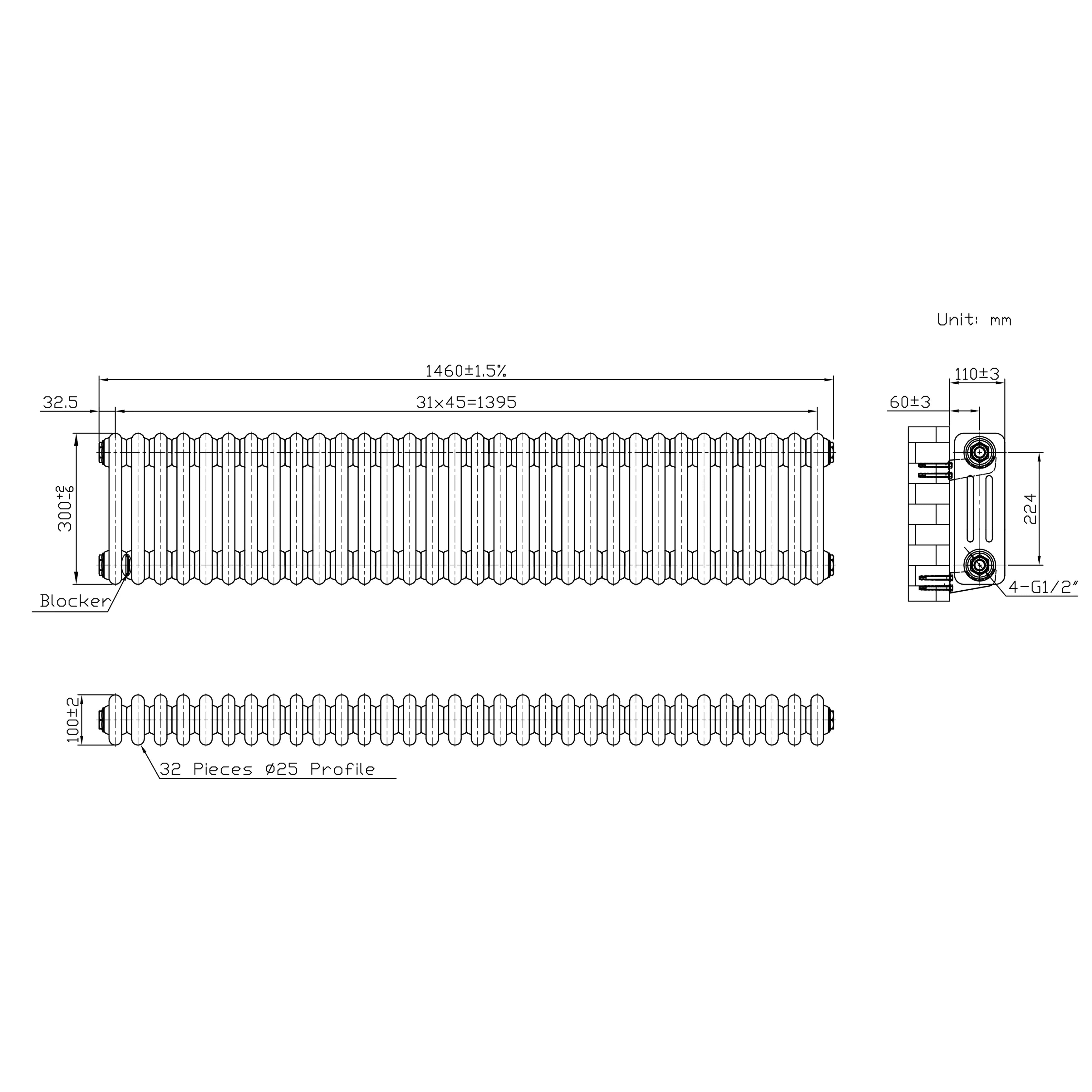 Traditional 3 Column Radiator - 300 x 1460mm - Raw Metal