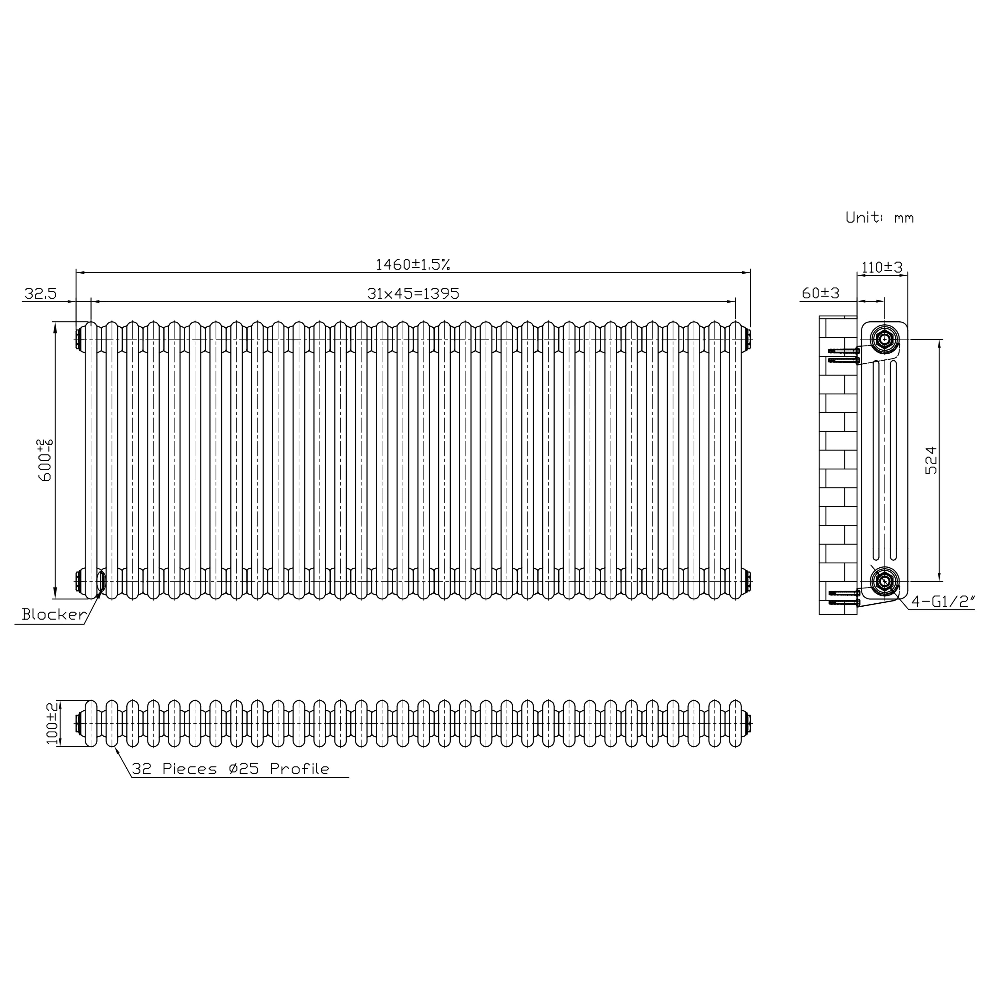 Traditional 3 Column Radiator - 600 x 1460mm - Raw Metal