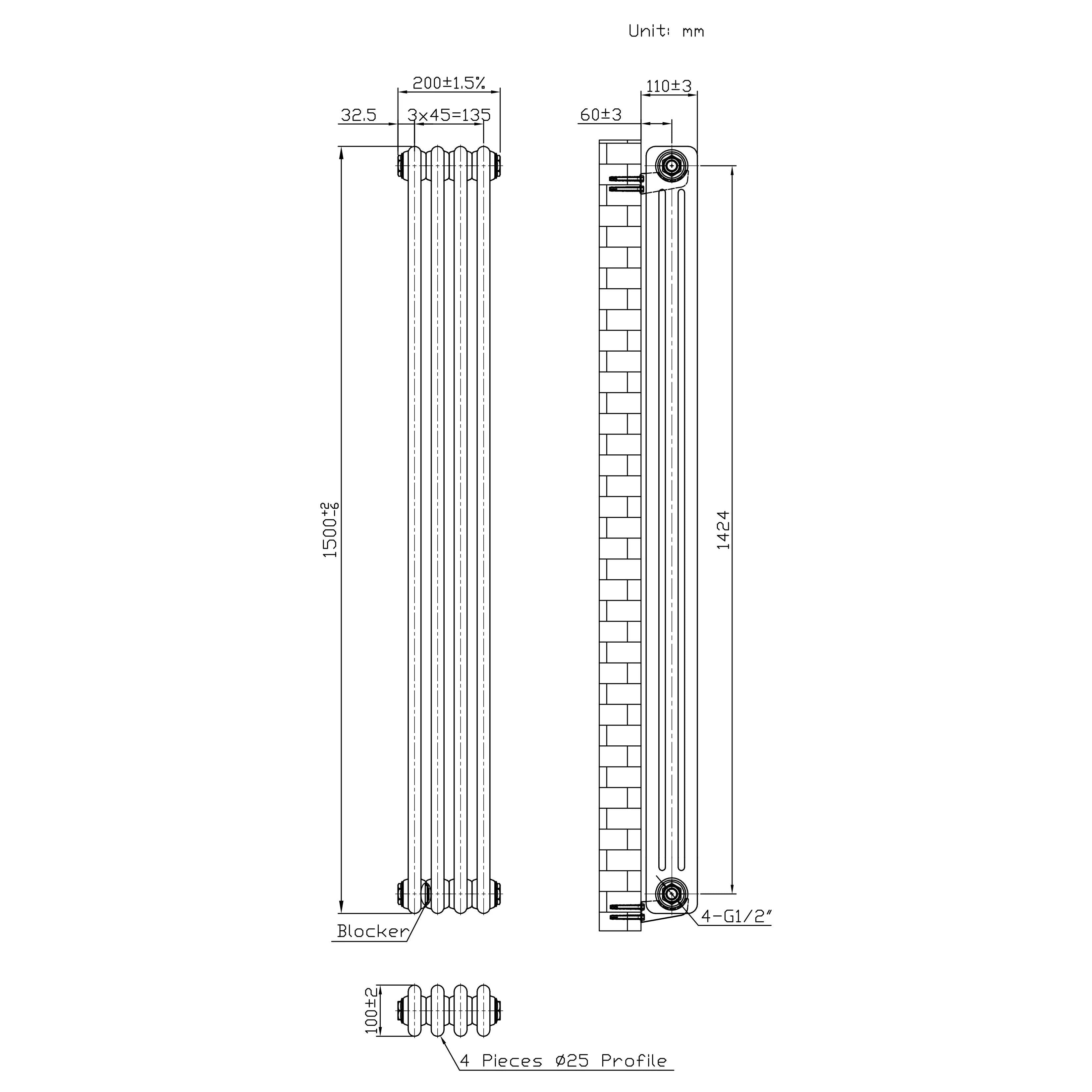 Traditional 3 Column Radiator - 1500 x 200mm - Raw Metal