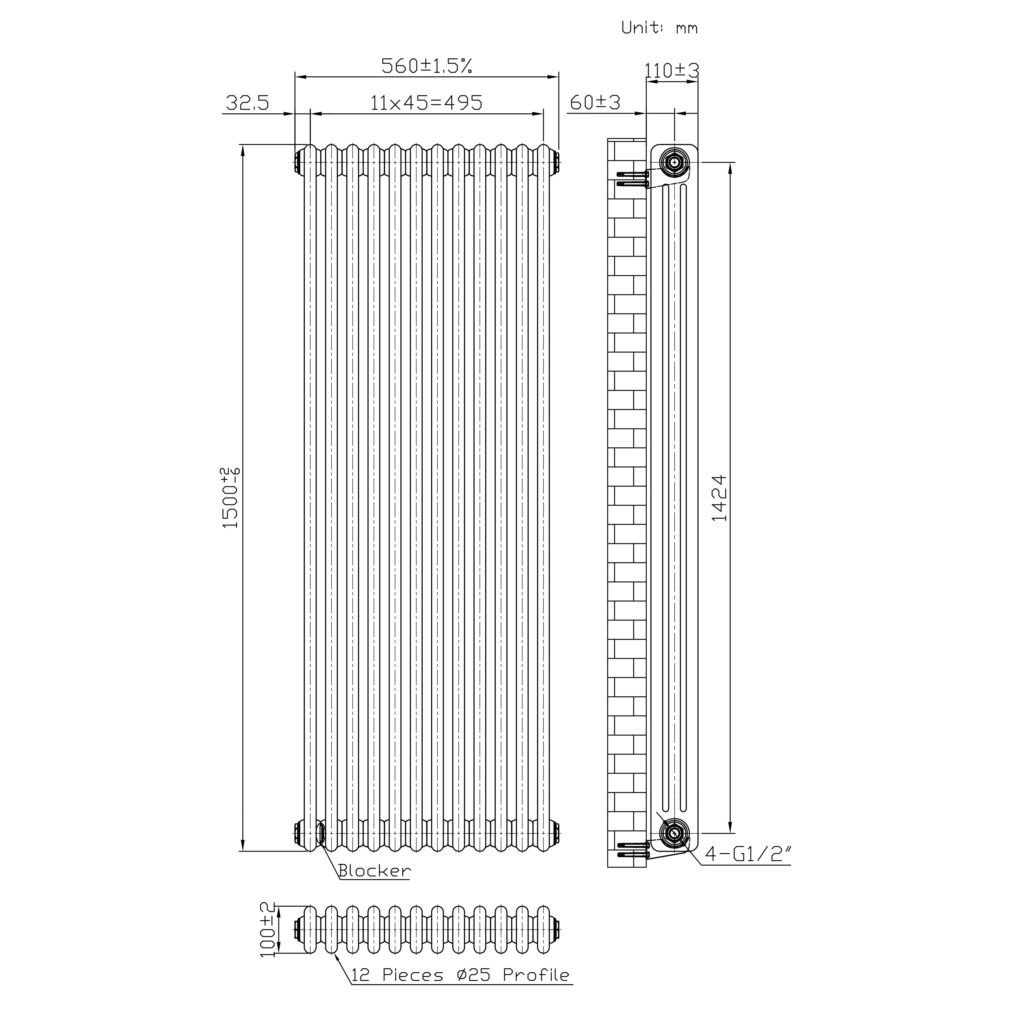 Traditional 3 Column Radiator - 1500 x 560mm - Raw Metal