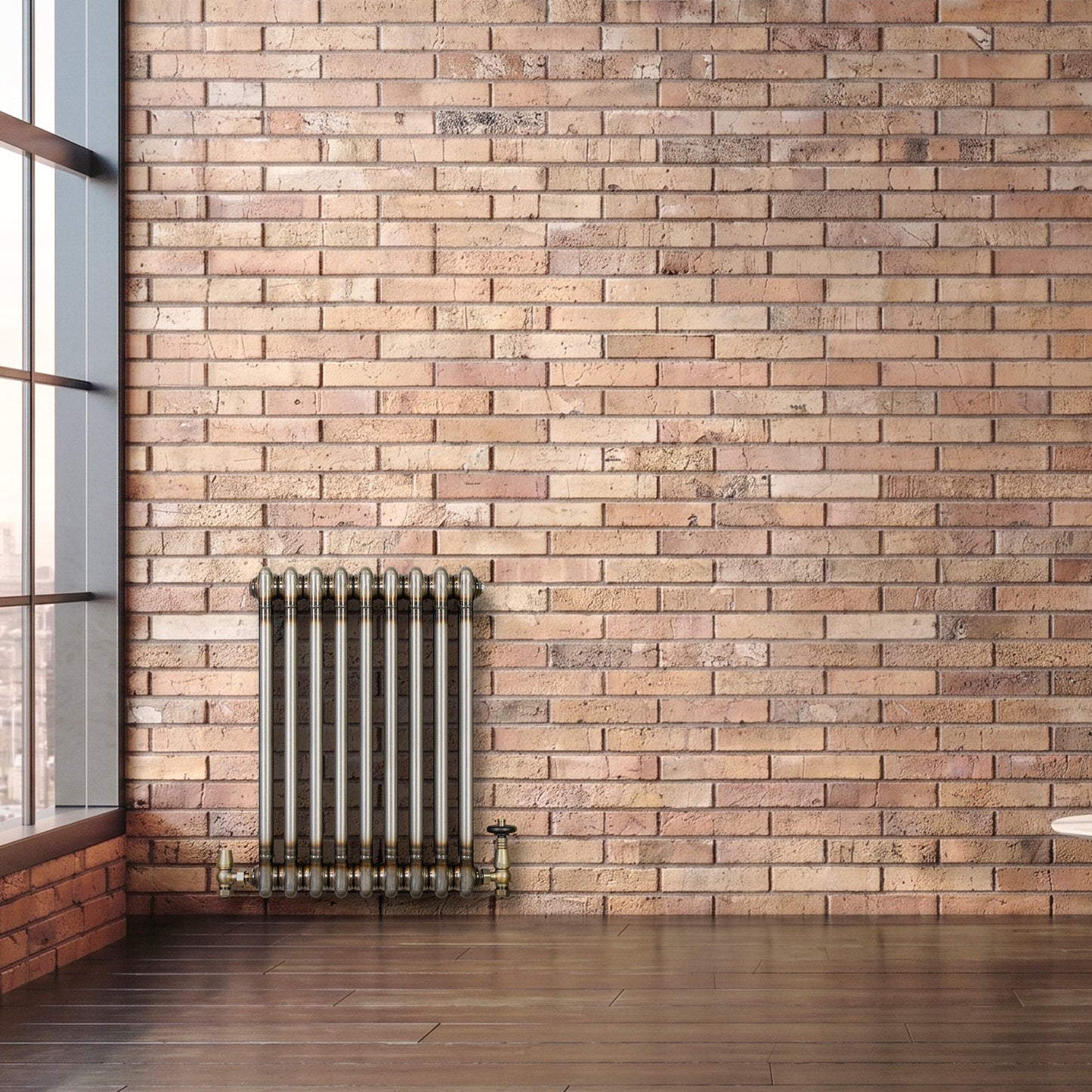 Traditional 2 Column Radiator & Valves - 600 x 425mm - Raw Metal