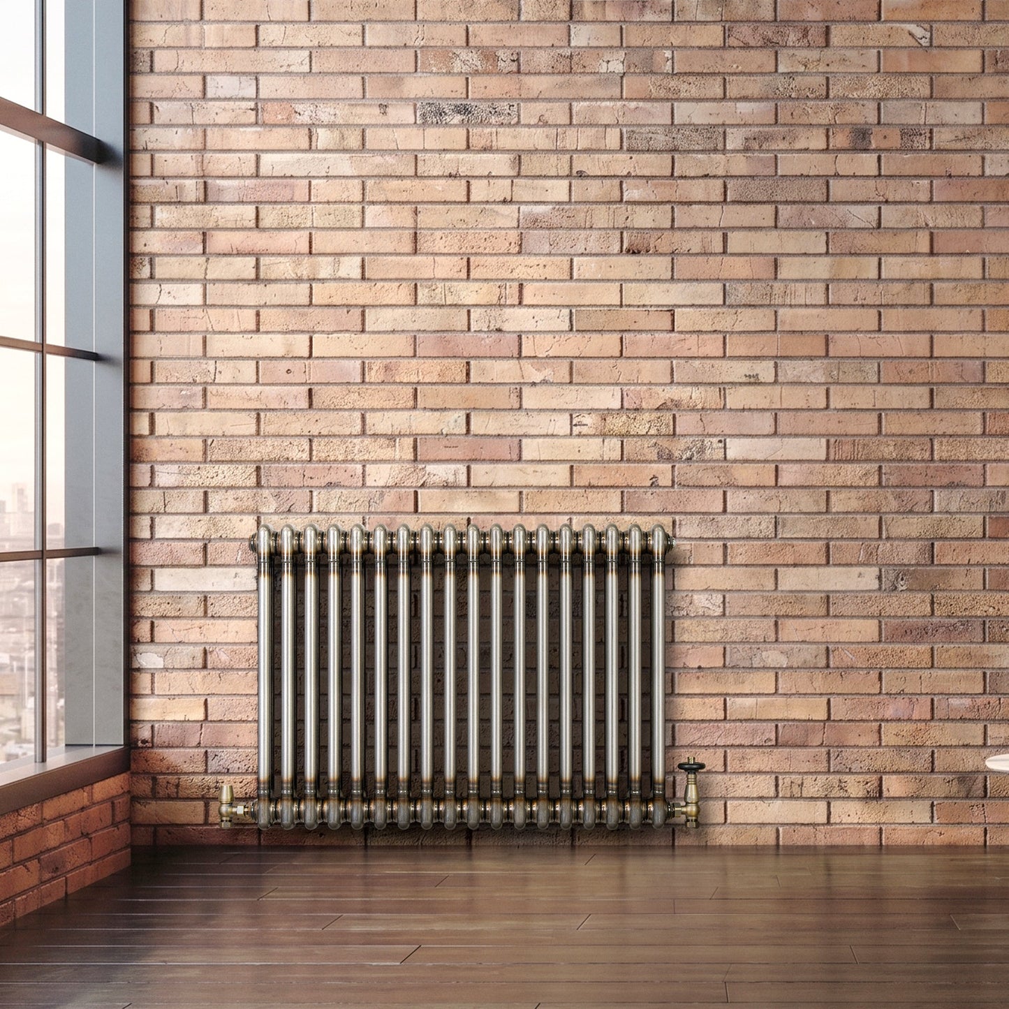 Traditional 2 Column Radiator & Valves - 600 x 830mm - Raw Metal