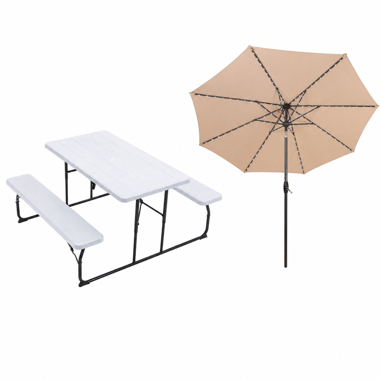 White Foldable Picnic Table & Beige 2.7m LED Parasol Bundle