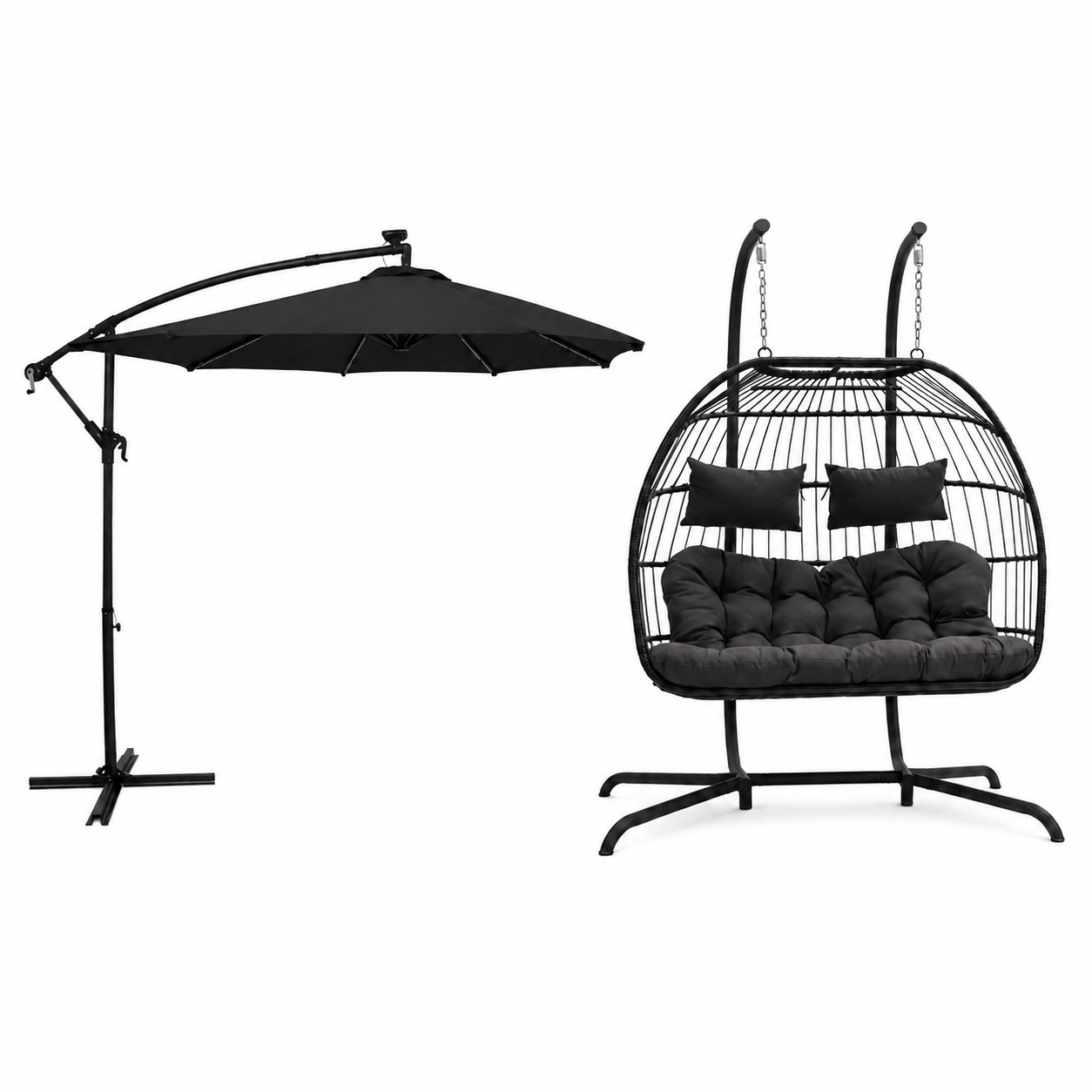 Hanging 2-Seater Egg Chair & Black 3m LED Cantilever Parasol Bundle