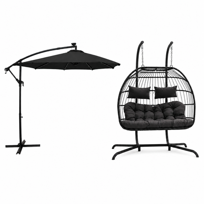 Hanging 2-Seater Egg Chair & Black 3m LED Cantilever Parasol Bundle