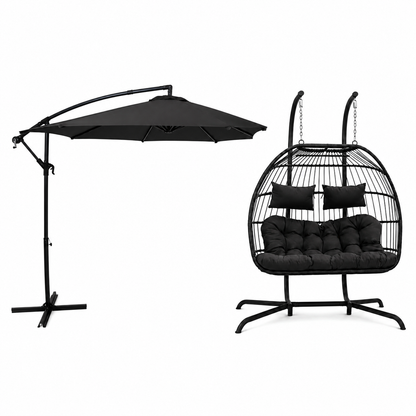 Hanging 2-Seater Egg Chair & Grey 3m Cantilever Parasol Bundle
