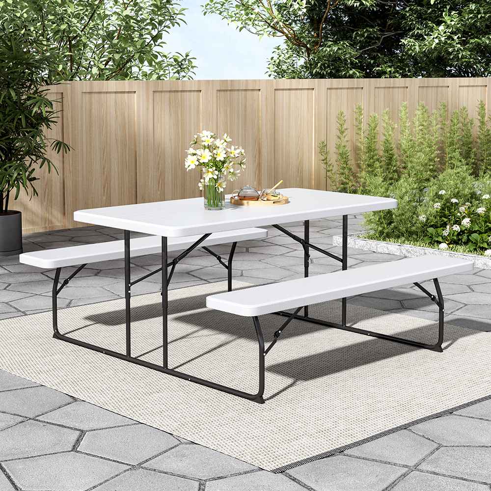 White Foldable Picnic Table Set – 180cm with Parasol Hole