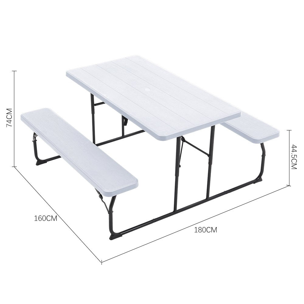 White Foldable Picnic Table Set – 180cm with Parasol Hole