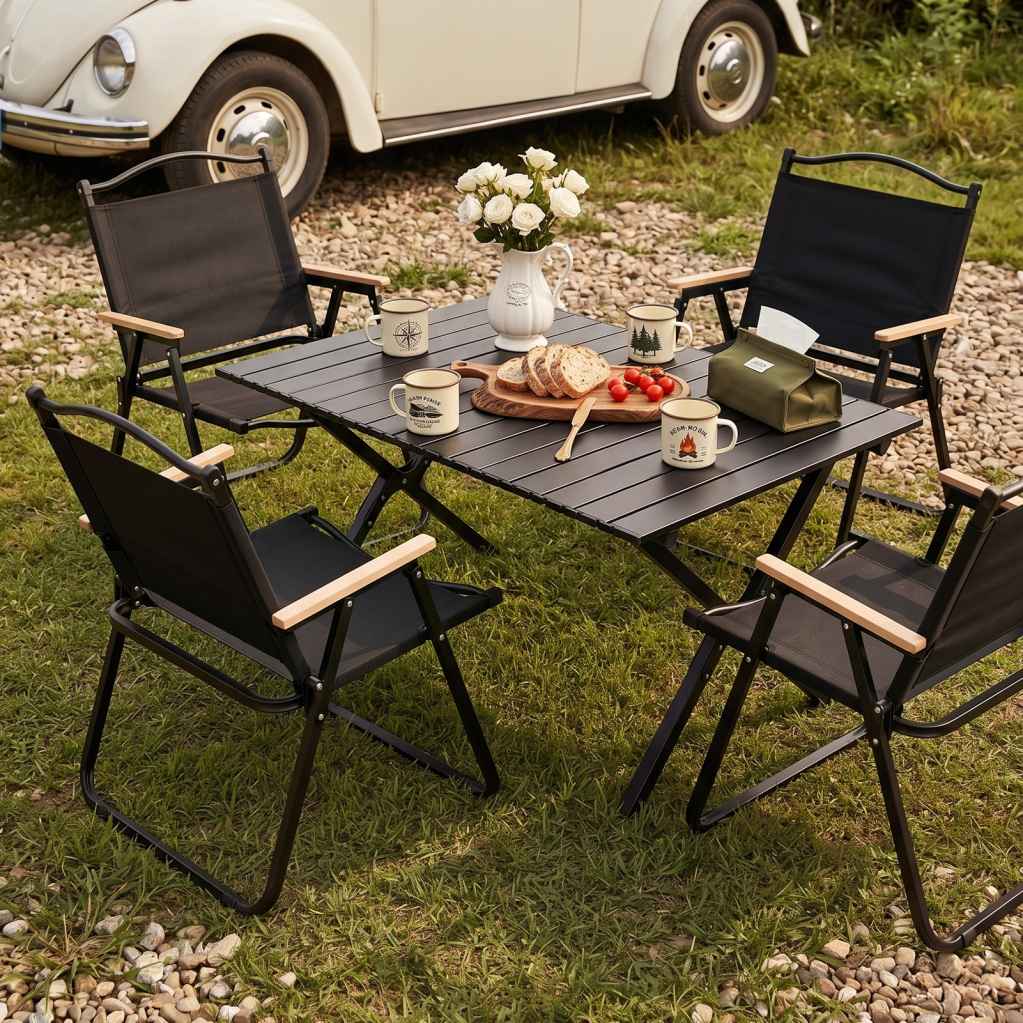Black Folding Camping Table & 4 Chair Set