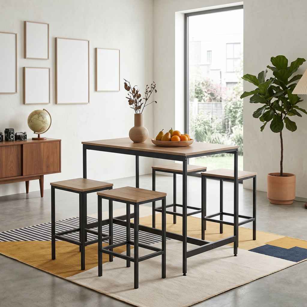 Oak Wood Grain Bar Table Set – 4 Stools