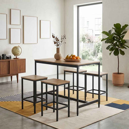 Oak Wood Grain Bar Table Set – 4 Stools