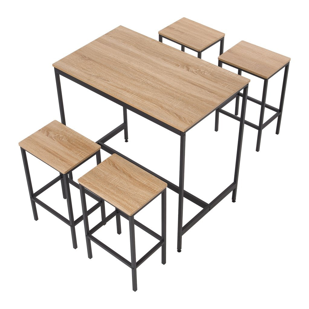 Oak Wood Grain Bar Table Set – 4 Stools
