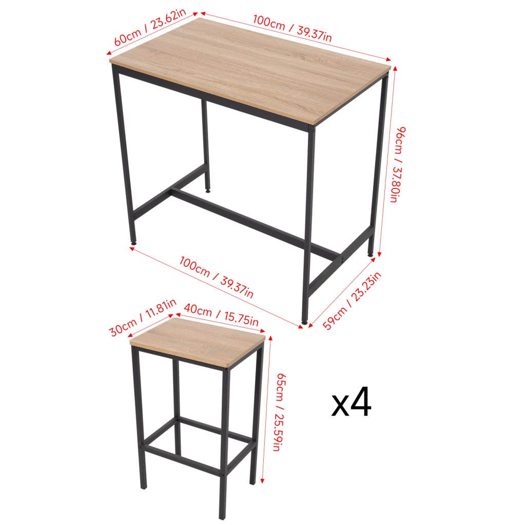 Oak Wood Grain Bar Table Set – 4 Stools