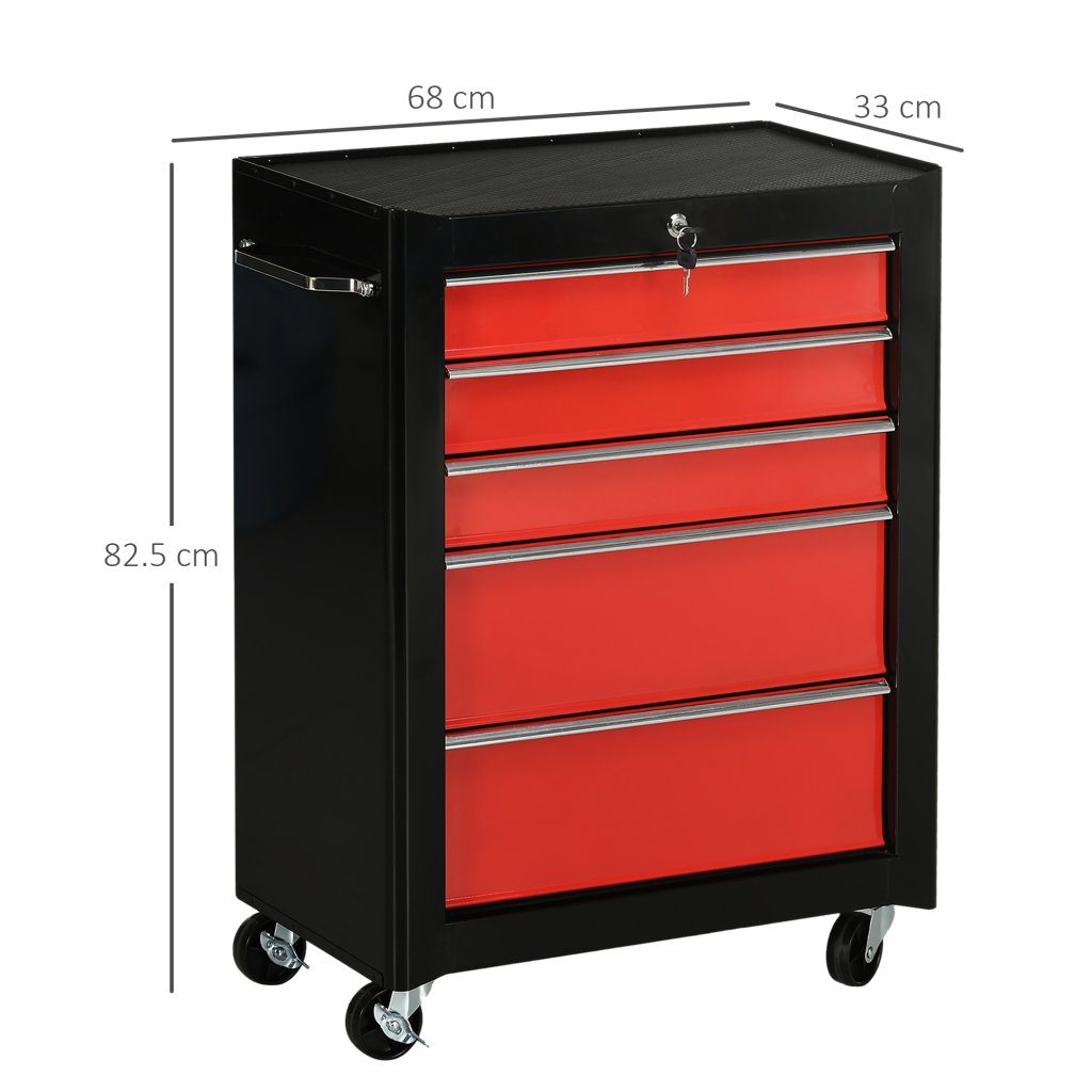 5-Drawer Lockable Tool Storage Trolley – Red