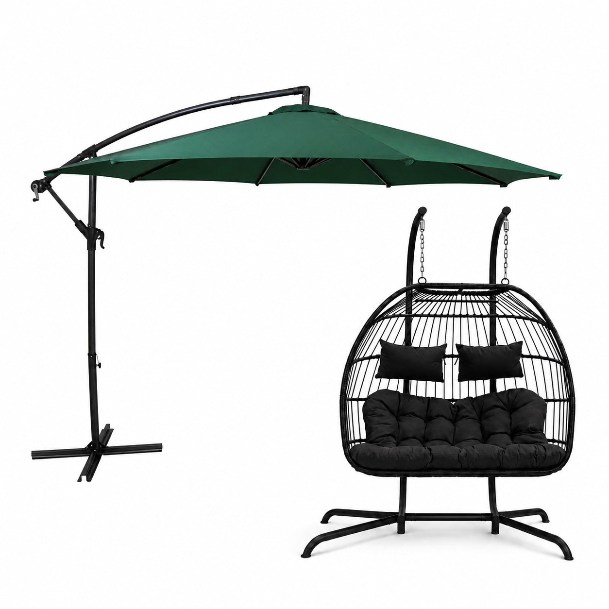 Hanging 2-Seater Egg Chair & Green 3m Cantilever Parasol Bundle