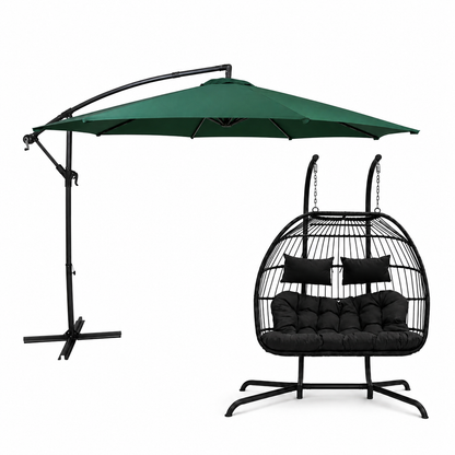 Hanging 2-Seater Egg Chair & Green 3m Cantilever Parasol Bundle