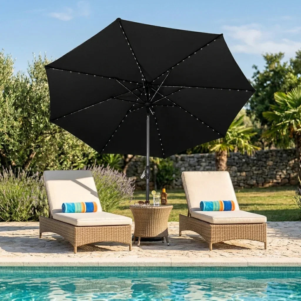 White Foldable Picnic Table & Black 2.7m LED Parasol Bundle