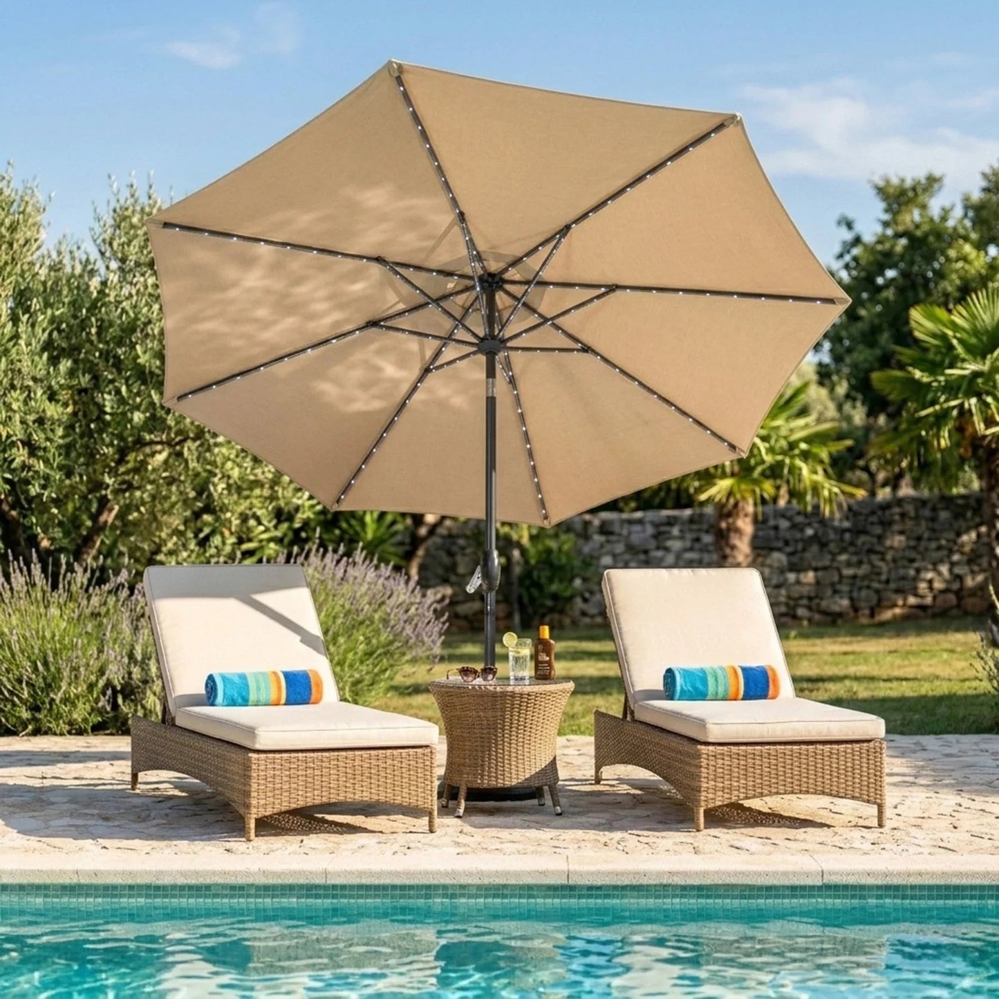 White Foldable Picnic Table & Beige 2.7m LED Parasol Bundle
