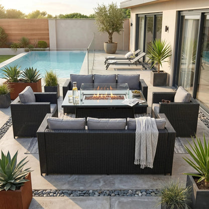 8 Seater Rattan Furniture Set With Firepit – Black