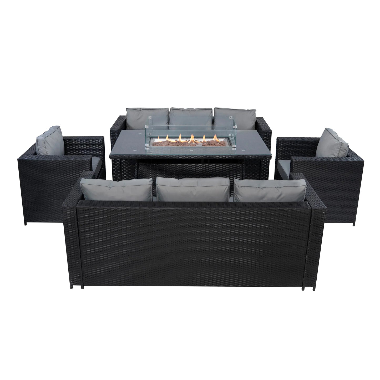 8 Seater Rattan Furniture Set With Firepit – Black