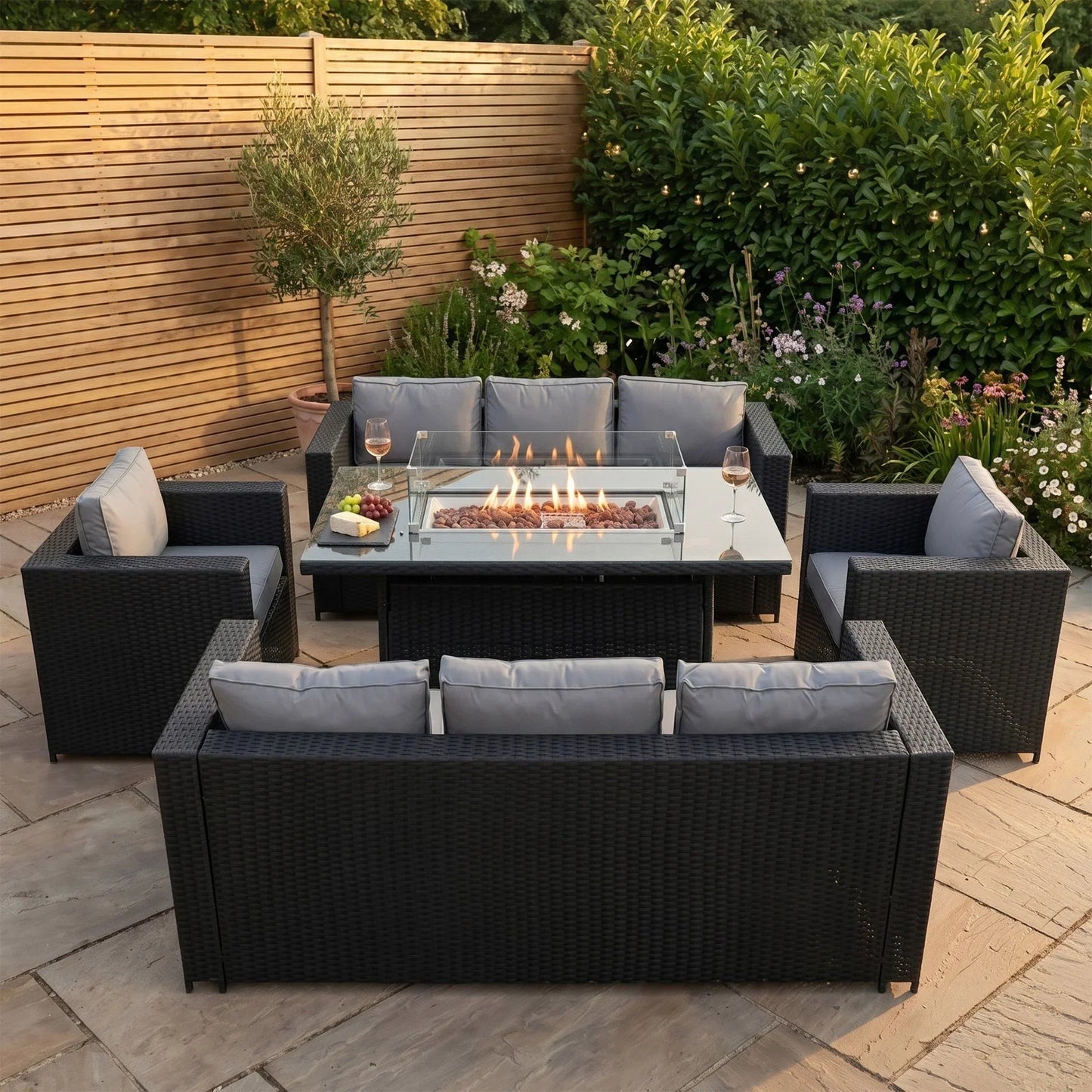 8 Seater Rattan Furniture Set With Firepit – Black