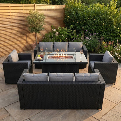 8 Seater Rattan Furniture Set With Firepit – Black