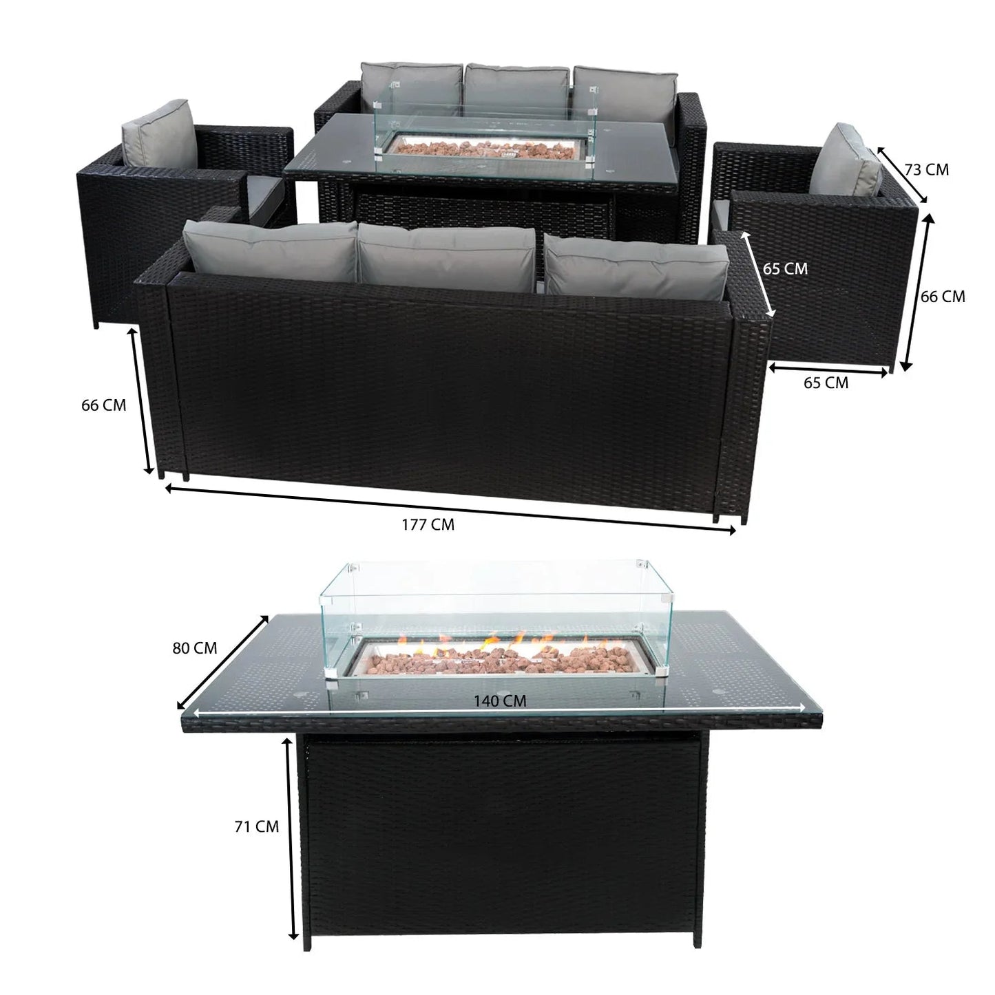 8 Seater Rattan Furniture Set With Firepit – Black