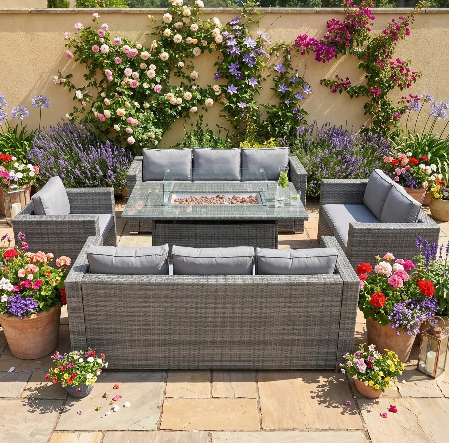 8 Seater Rattan Furniture Set With Firepit – Grey