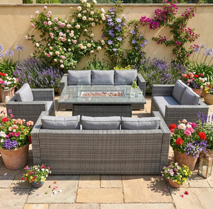 8 Seater Rattan Furniture Set With Firepit – Grey