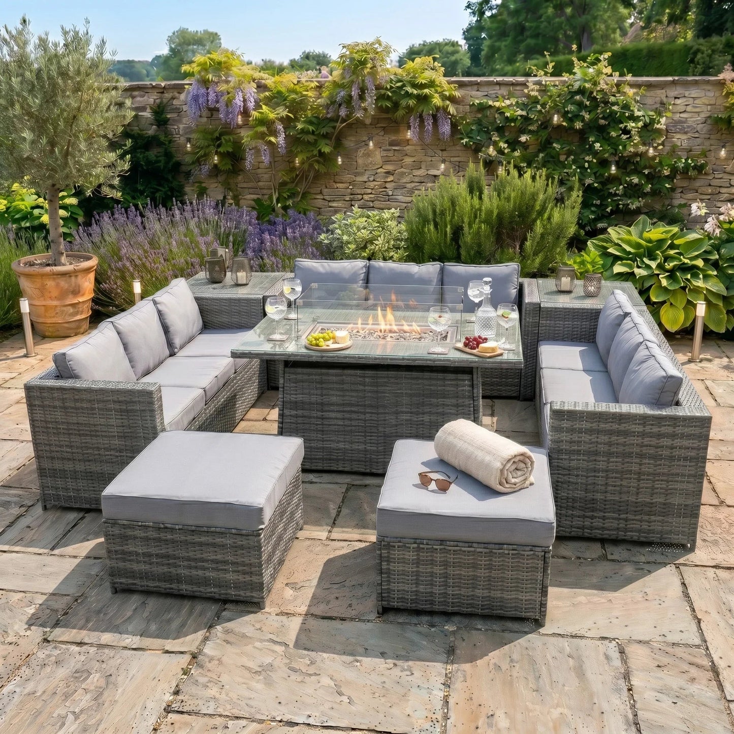 11 Seater Rattan Furniture Set With Firepit – Grey