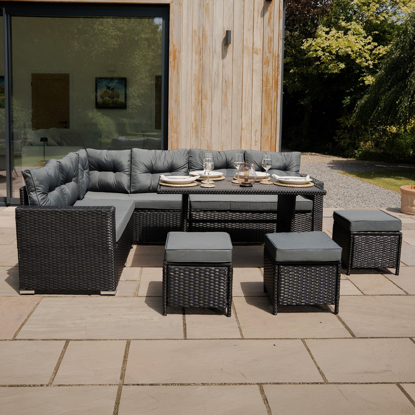 Rattan Corner Set With Composite Table – Black