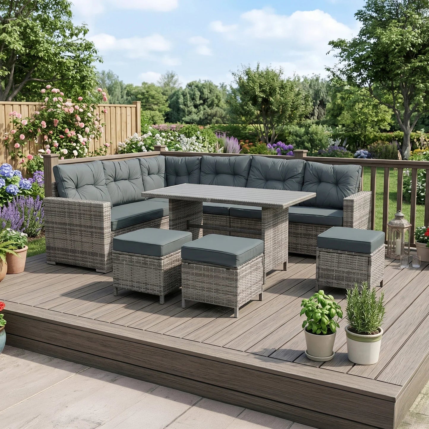 Rattan Corner Set With Composite Table – Grey