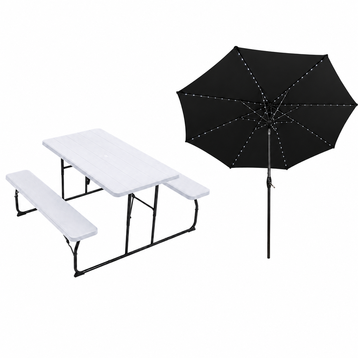 White Foldable Picnic Table & Black 2.7m LED Parasol Bundle