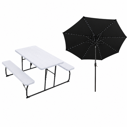 White Foldable Picnic Table & Black 2.7m LED Parasol Bundle