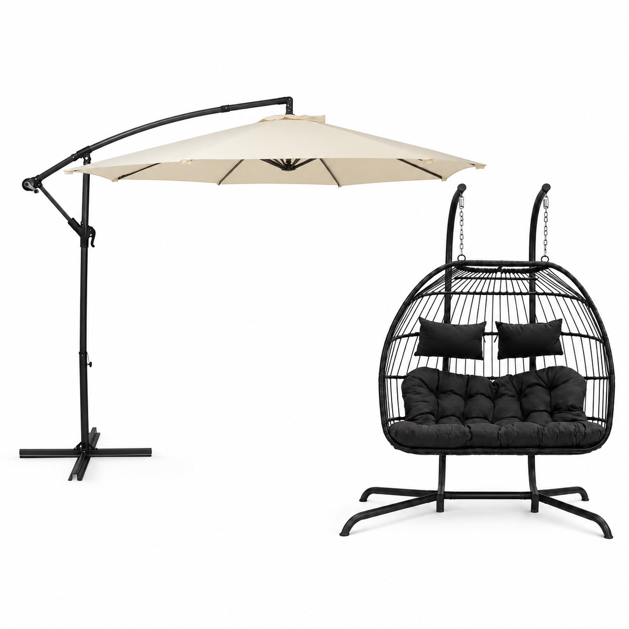 Hanging 2-Seater Egg Chair & Cream 3m Cantilever Parasol Bundle