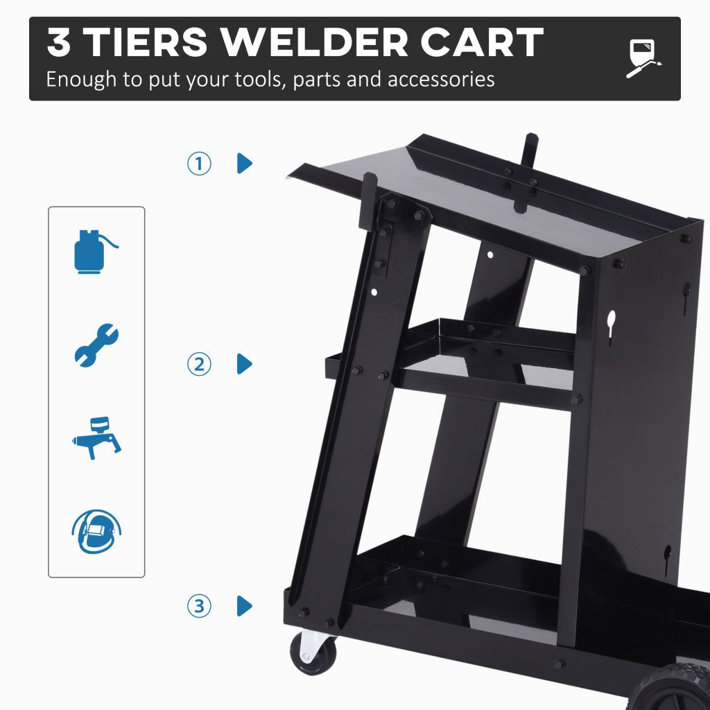 Welding Cart Trolley with Gas Bottle Chain – Black