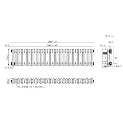 Traditional 3 Column Radiator - 300 x 1460mm - Raw Metal