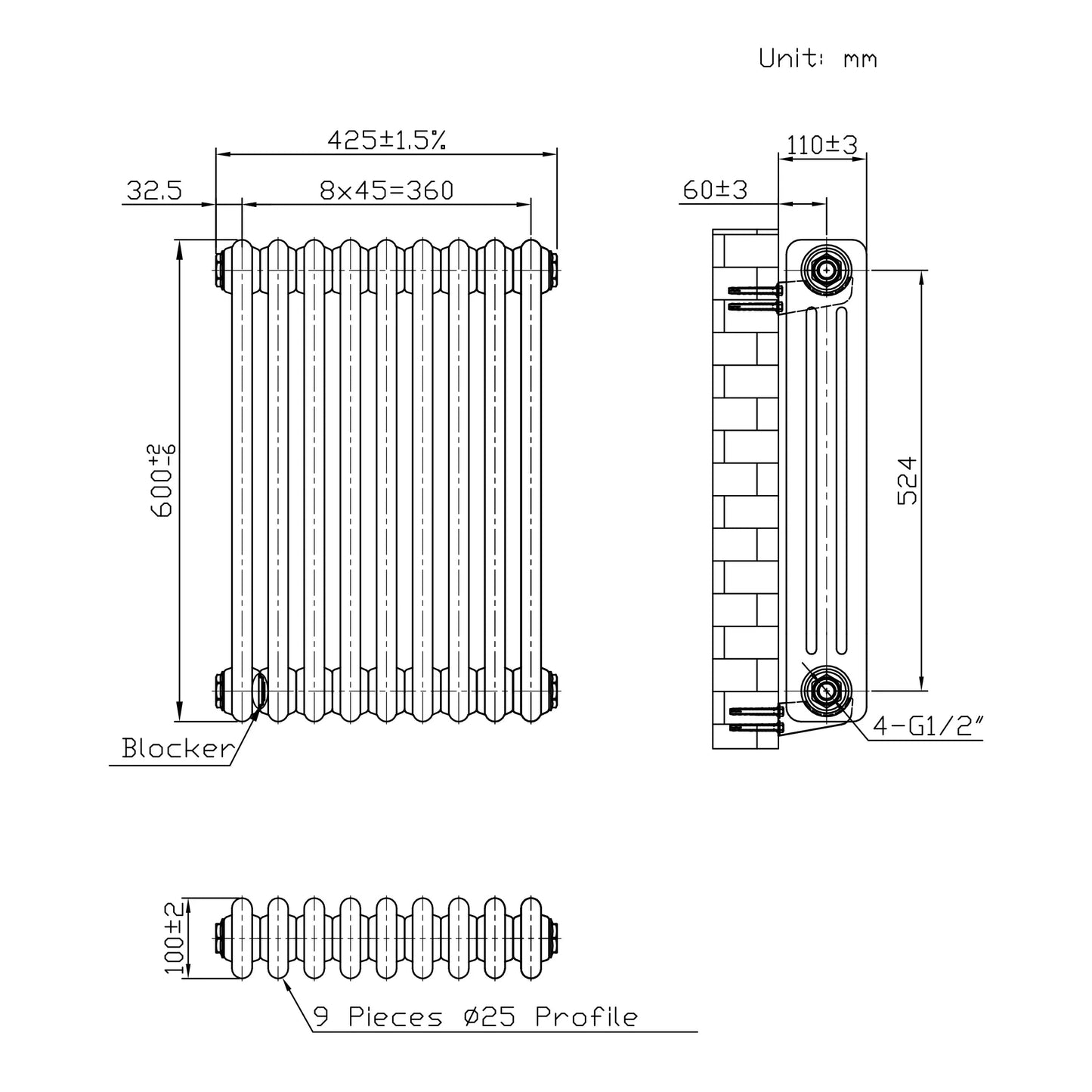 Traditional 3 Column Radiator - 600 x 425mm - Raw Metal