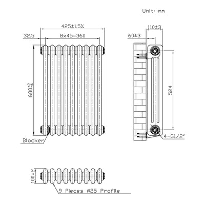 Traditional 3 Column Radiator - 600 x 425mm - Raw Metal