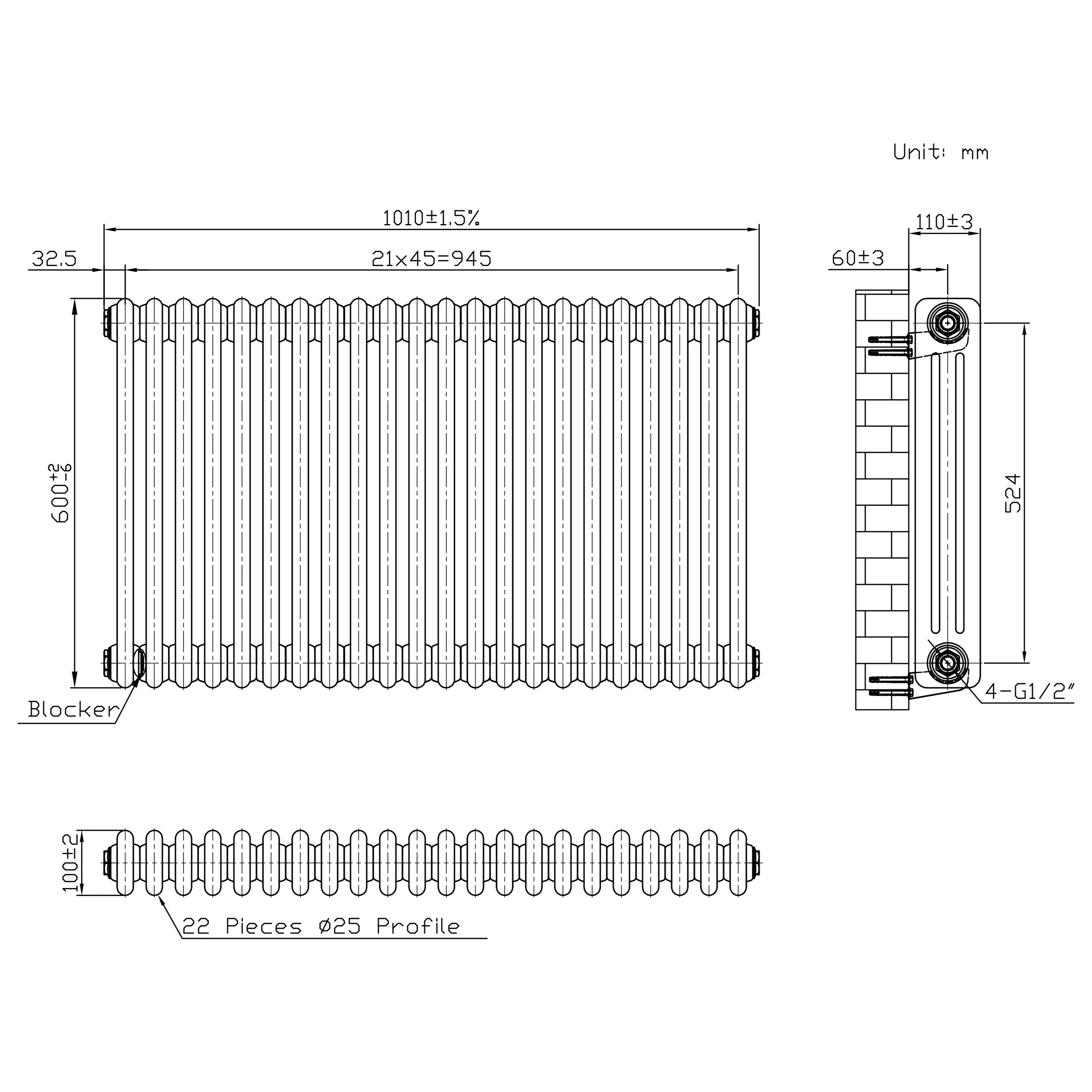 Traditional 3 Column Radiator - 600 x 1010mm - Raw Metal