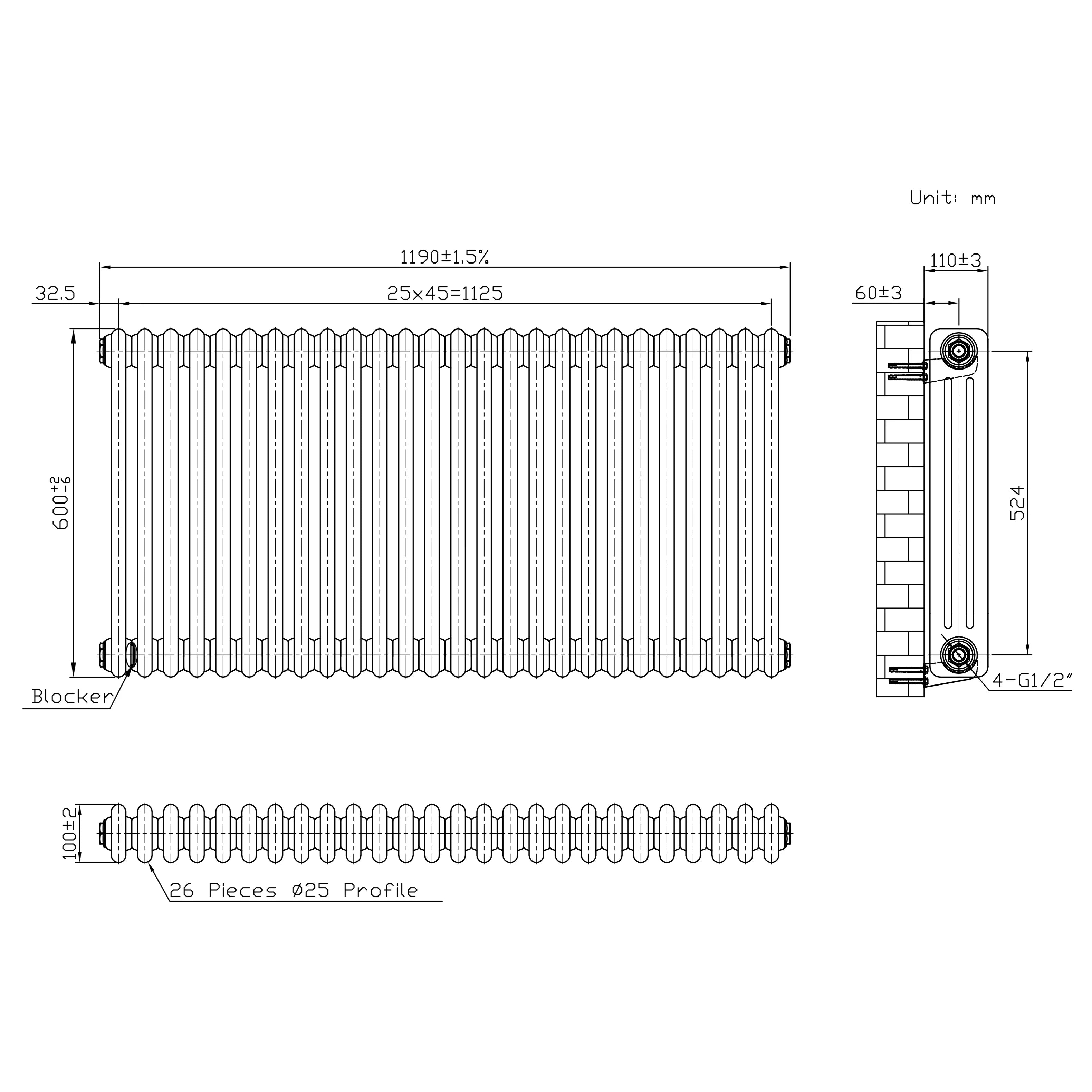 Traditional 3 Column Radiator - 600 x 1190mm - Raw Metal