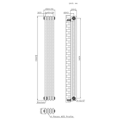 Traditional 3 Column Radiator - 1500 x 200mm - Raw Metal