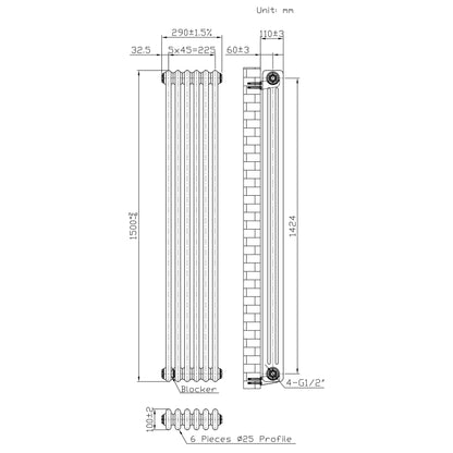 Traditional 3 Column Radiator - 1500 x 290mm - Raw Metal