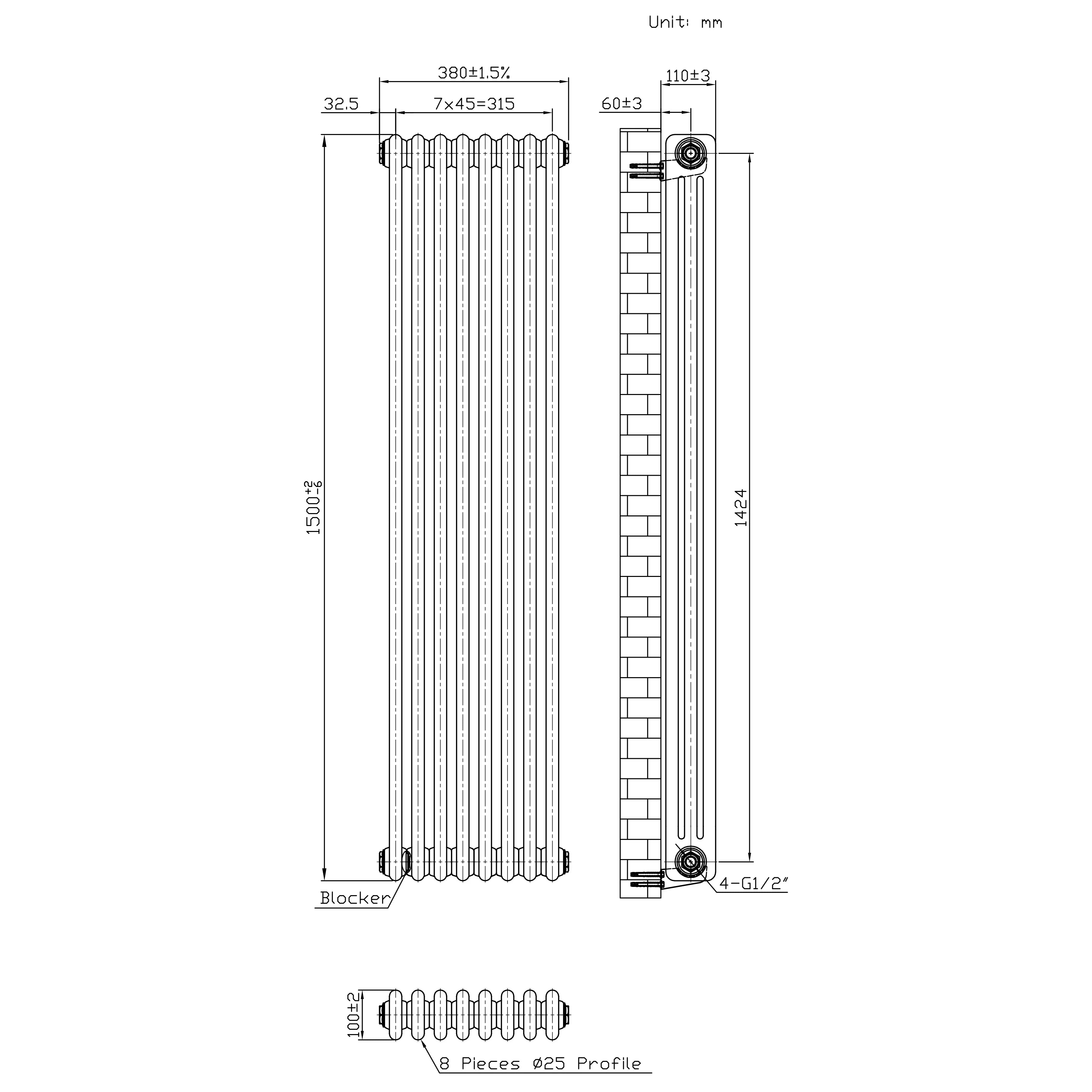 Traditional 3 Column Radiator - 1500 x 380mm - Raw Metal