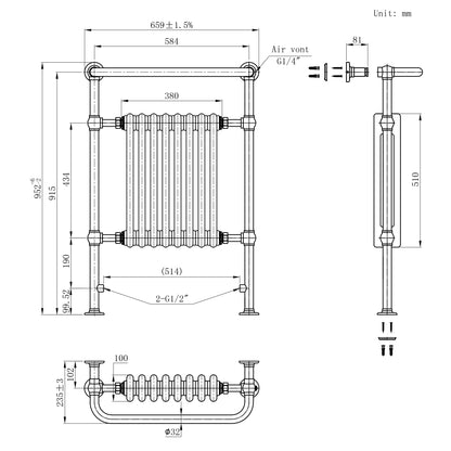 Traditional Heated Towel Rail Radiator – 950mm x 660mm  – White