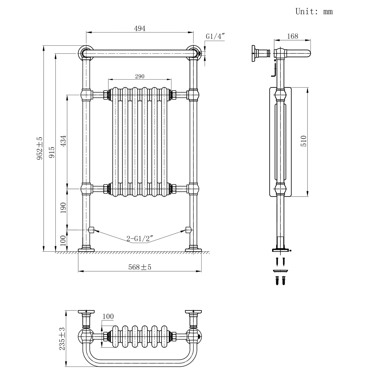 Traditional Heated Towel Rail Radiator – 950mm x 570mm  – Anthracite Grey