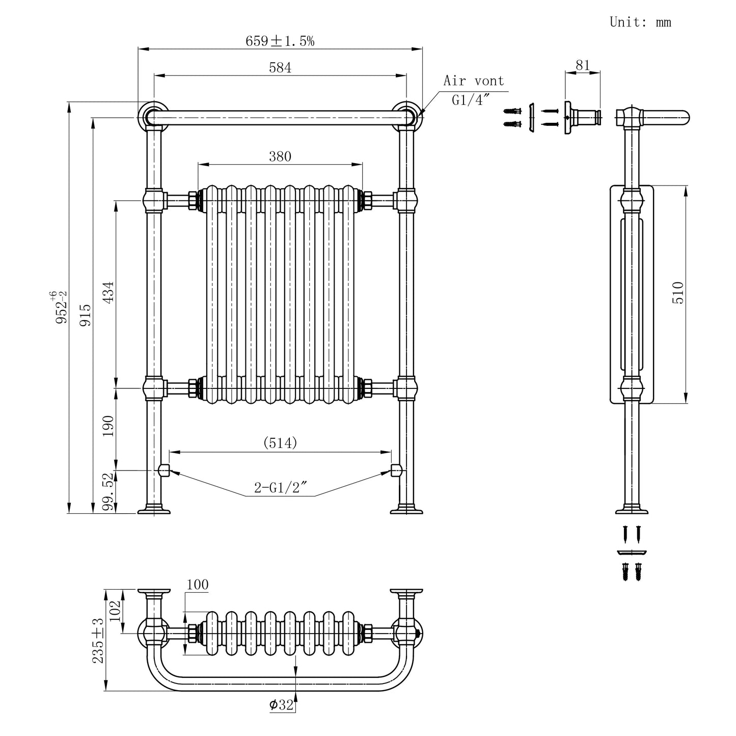 Traditional Heated Towel Rail Radiator – 950mm x 660mm  – Anthracite Grey