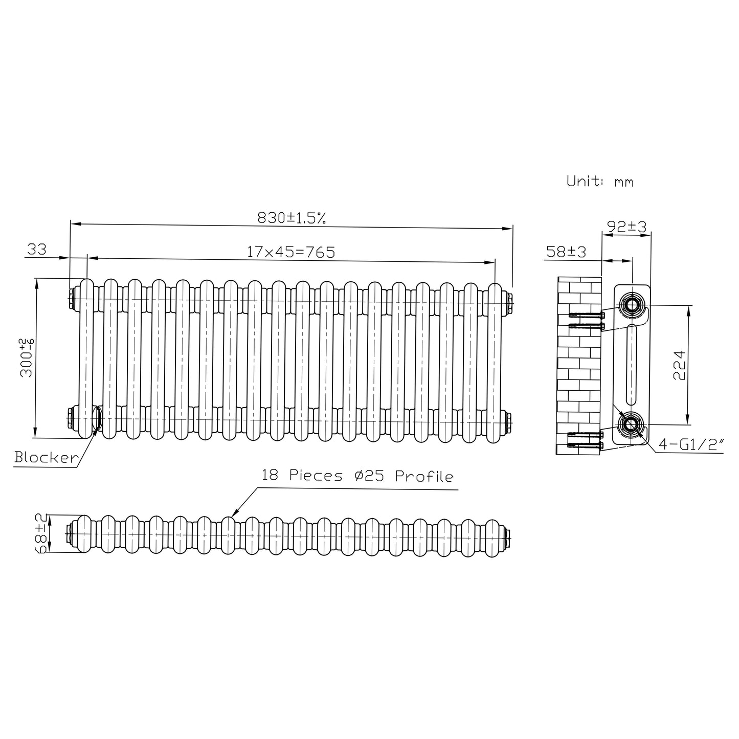 Traditional 2 Column Radiator & Valves – 300mm x 830mm - Raw Metal